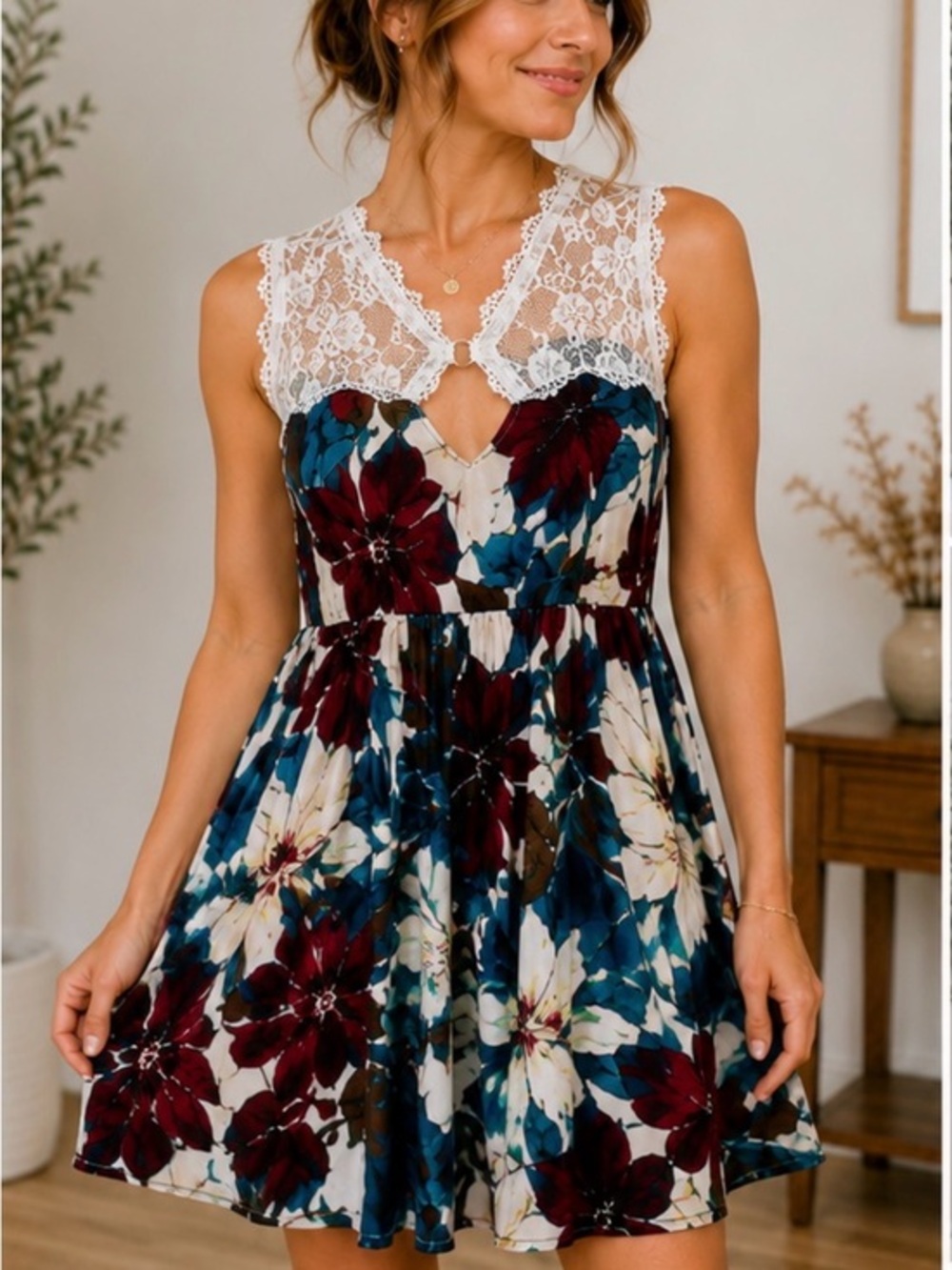 Entro Floral Lace Sleeveless Dress Size Large Boho Multicolor Midi